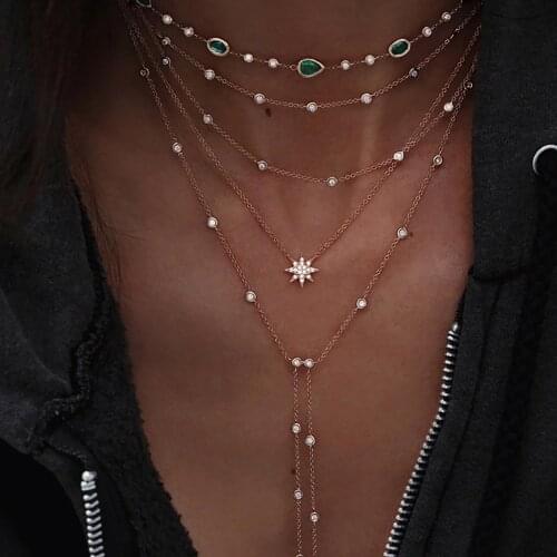 Boho Fashion Color Stone Sun Crystal Pendant Necklaces For Women Vintage Gold Necklace Multilayer Female Jewelry Wedding Gift