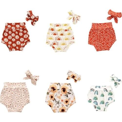 Cathery Newborn Baby Girls Floral Shorts Pants Cotton Casual Loose High Waisted Bottoms Elastic Waist 2PCS