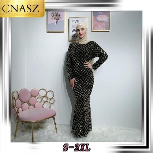 2019 Elegant Fashion Muslim Abaya Sequined Diamond Check Dress Islamic Dubai Turkey Long Muslim Dresses