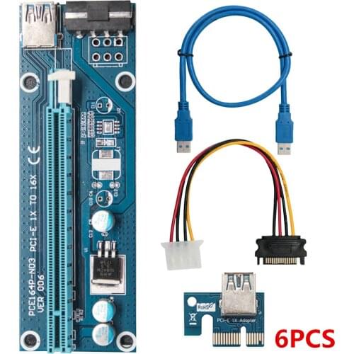 6pcs VER006 PCI Express PCI-E Riser Card PCIE 1X to 16X 60cm USB 3.0 Cable SATA to 4Pin Power for Bitcoin Miner Mining