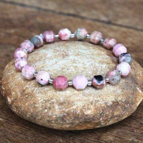 8MM Natural Stone Faceted Rhodonite Beaded Crystal Bracelet Fashion Strand Charm Bracelet Women Handmade DIY Jewelry