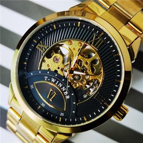 Winner Golden Black Transparent Skeleton Men Automatic Mechanical Watch Business Stainless Steel WristWatches Relogio Masculino