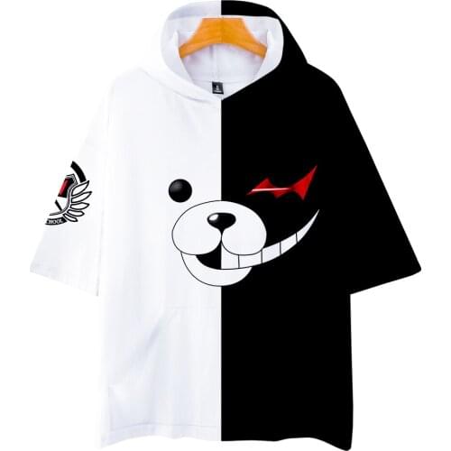 Hip Hop 3D Anime Monokuma Hooded T shirt Men Women Tops Summer Harajuku Hoodie Casual Short sleeve Black+White Hooded T-shirt