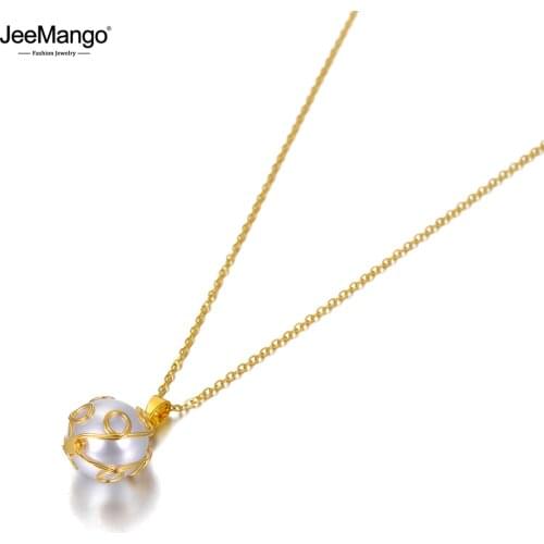 JeeMango Trendy Titanium Steel White Simulated Pearl Wedding Necklaces Jewelry Lovely Pendant Chokers Necklace For Women JN20078