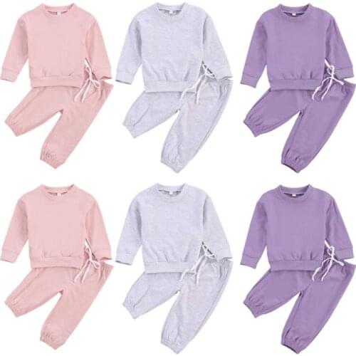 2pcs Kids Baby Girls Clothes Set Solid Color Crew Neck Long Sleeve Pullover Top and Elastic Pants Outfits Children Set 1-5Year