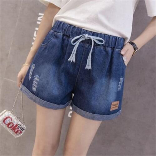 Summer fat mm plus fat plus plus size womens Elastic Waist Wide Leg loose hole jeans womens shorts trend