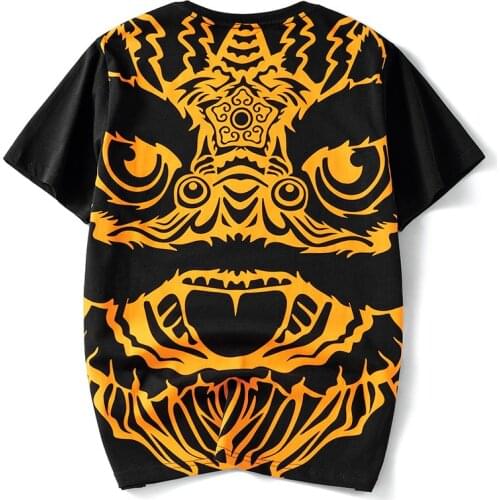 2021 Summer New Chinese Wake Lion Totem Trend Tide Brand Loose Cotton Round Neck Short Sleeve T-Shirt Mens Casual Homme