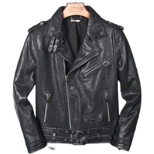 Mens Genuine Leather Jacket Tanned Sheepskin Classic Motorcycle Leather Jacket Spring and Autumn Oblique Zipper Jacket