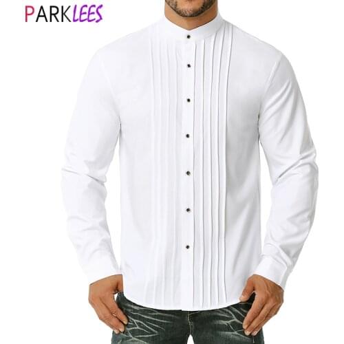 Mens Banded Collar Tuxedo Shirts Fashion Pleat Button Down Shirt Men Wedding Party Prom Dinner Formal Elegant Shirt Chemise