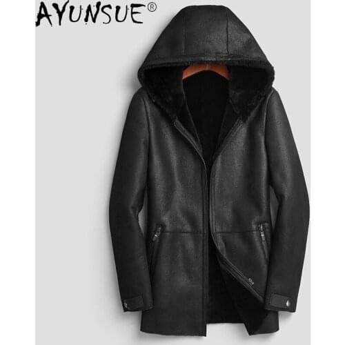 AYUNSUE Winter Natural Wool Sheepskin Coat Mens Black Real Fur Coats New Hooded Warm Casual Streetwear Jaqueta Masculina SQQ327