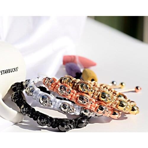 Luxury Mens 8 Skull CZ Beaded Bracelets Bangle Classic Trendy Handmade Braided Bracelet Rope Chain Fashion Jewelry