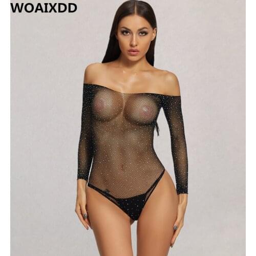 Diamonds Sexy Lingerie Babydoll Fishnet Bling Clubwear Mujer Bodysuit Hollow Out Off Shoulder See Through Women Mesh Stockings