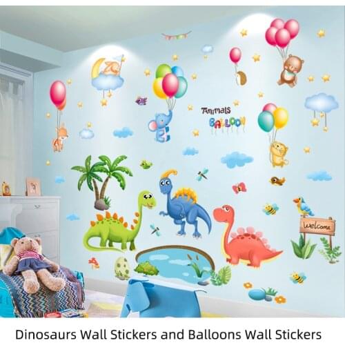 [shijuekongjian] Dinosaurs Tree Wall Sticker DIY Balloon Animals Wall Decals for Kids Room Baby Bedroom Nursery Home Decoration