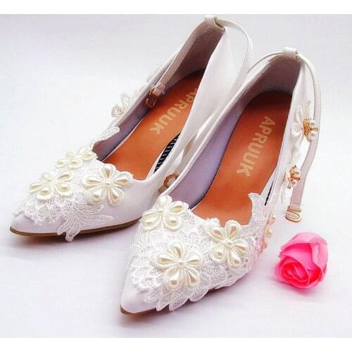 9CM thin high heels sexy lace wedding pumps shoes woman ivory pearls ankle buckle straps point toes ladies bridal wedding pumps