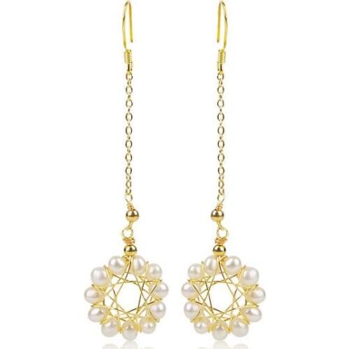 Jewelry Hand woven 14k Note gold pair 100% Natural freshwater Pearl long Earring for women with 925 sterling Silver