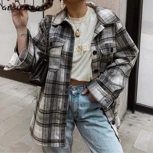 Fall 2020 women jacket casual turn down collar coat vintage plaid jacket oversized ladies outerwear checkered long coat korean