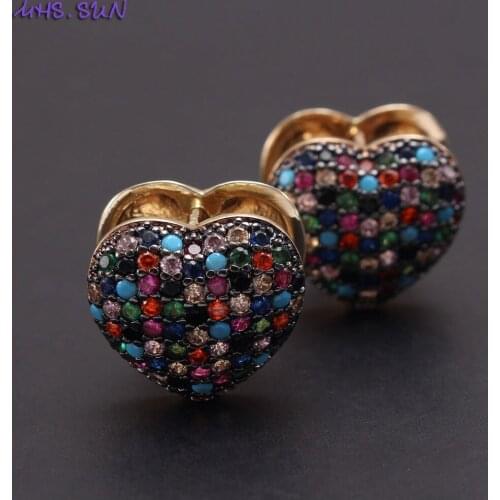 MHS.SUN Colorful Mosaic Zircon Paved Heart Earrings Fashion AAA CZ Stud Earrings For Women/Girls Luxury Jewelry 1Pair