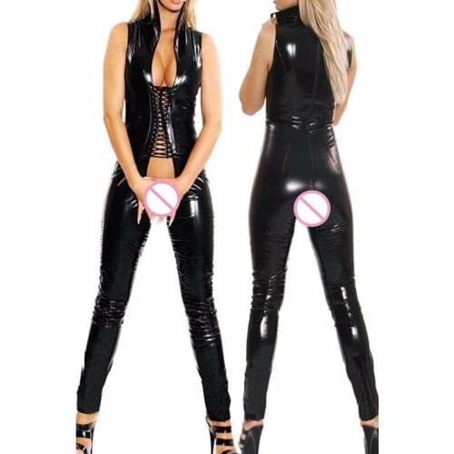 Sexy Women Jumpsuit Open Crotch Costumes Erotic Fetish Sleeveless Lace-UP Catsuit Lingerie Latex Faux PVC Leather Costume W7934