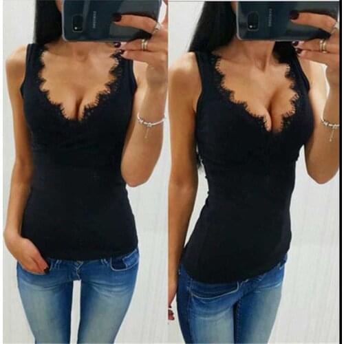 Women Lace Vest Sleeveless Slim Tops Tank Tops Tops T-Shirt Lace Stitching V-neck Vest Top