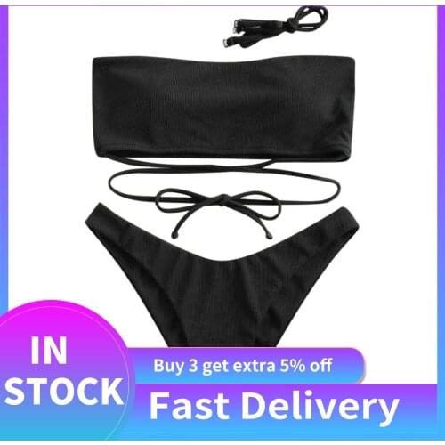 Womens Solid Bandeau Bikini Set Push Up High Waisted Tummy Control Two Piece Strapless Swimsuit Summer Beach Swimwear Купальник