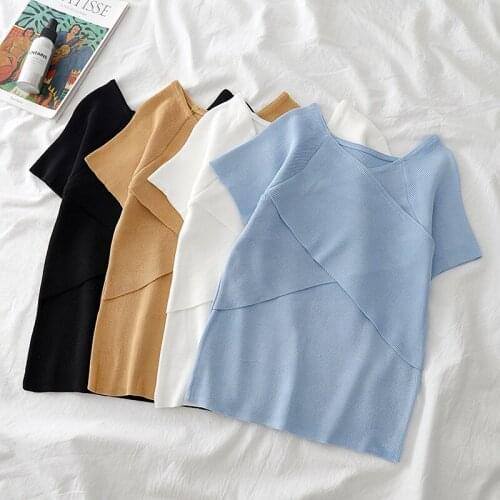 Summer White Off Shoulder Top Knitting Women Tshirts Tops for Teens V Neck Crossover Design Slim Tee INS Fashion