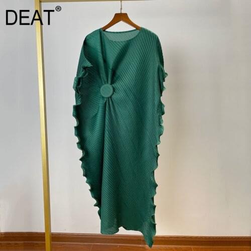 DEAT Woman Pleated Dress One Button Edible Tree Fungus Hem Thin Oversized Casual Style 2021 New Autumn Women Clothing 15XF588