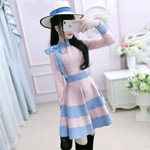 2021 Woman Casual Long Sleeve Mini Length Dress Female Spring Knitting Patchwork Dresses Clothing Ladies Loose Wear Dresses H845