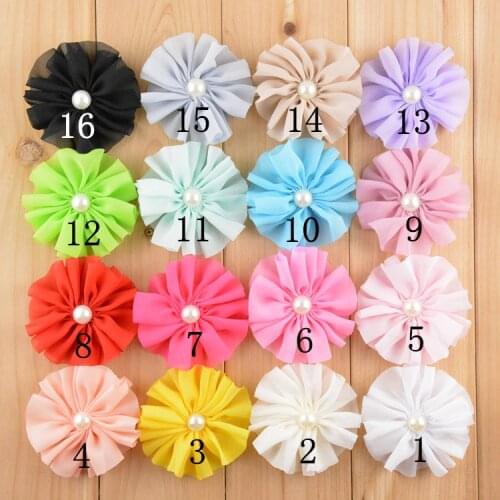 30pcs/lot 6cm 16 colors Artificial Solid Chic Ballerina Blossom Chiffon Flowers With Pearl Fabric Flowers For Headbands