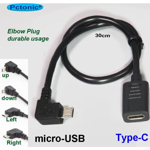 PCTONIC Type-C female to micro-USB adapter bent cable Right Angled Male extend Data Power Cable bending converter 30CM short