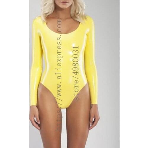 Shiny yellow womens latex leotard long sleeve neck entry latex bodysuit plus size