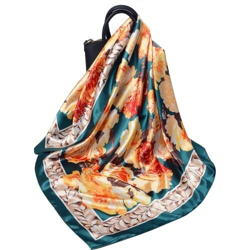90CM Large Square Scarf For Women Peony Printing Spring And Autumn Neck Scarf Womens Bandana Hijab Summer Shawl Beach Pareo