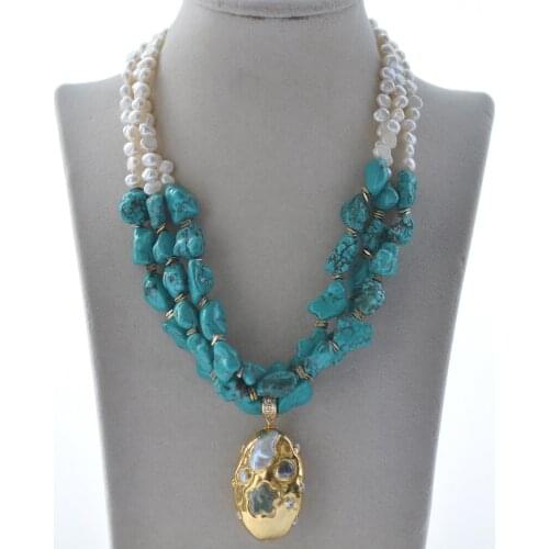 MCT·STAR Z10568 3Row 18" 43mm Baroque White Pearl Green Turquoise Necklace Pendant
