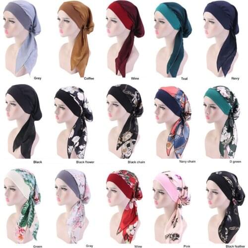 Women Bonnet Muslim Hijab Hair Styling Cap Chemo Flower Print Hat Turban Cover Head Scarf Wrap Headwear Hair Bonnet for Sleeping