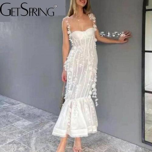 Getspring Women Dress Patchwork Sleeveless White Mermaid Dresses Retro Sexy Long Girls Summer Party Dresses 2021 New Fashion