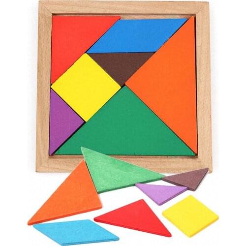 1 PCS Montessori Wooden Tangram 7 Piece Jigsaw Puzzle Colorful Square IQ Game Brain Teaser Intelligent Educational Toys for Kids