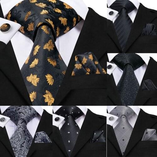 Hi-Tie 8.5cm Men 100% Silk Tie Black Floral Ties for Men Gold Tie Set Formal Necktie for Wedding Business Party Wholesale