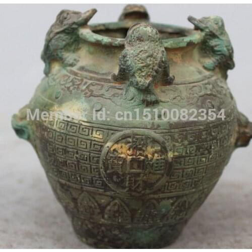 4" Marked Chinese Bronze Dragon Head Wealth Golden Toad Spittor Pot Jar Crock