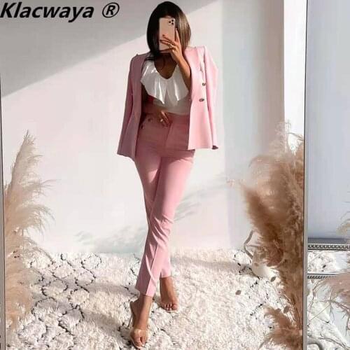 Klacwaya Woman 2 Piece Set Fashion Double Breasted Blazer Vintage Button Decoration High Waist Trousers Chic Female Suits