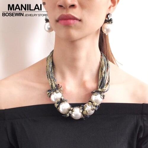 MANILAI Big Imitation Pearl Necklace Set For Women Fashion Colorful Ribbon Statement Necklace Earrings Wedding Jewelry Sets