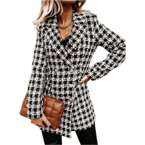 Hot Sale Autumn And Winter Fashion Temperament Double-Breasted Pockets Check Printing Long-Sleeved Coat Women