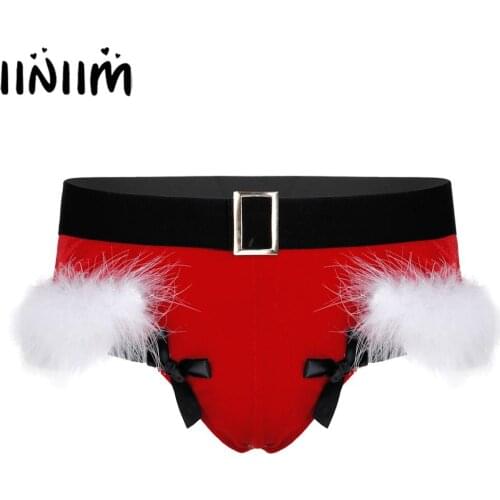 Mens Velvet Briefs Lingerie Panties Elastic Waistband Jockstraps Feather Trimming Bowknot Thong Christmas Underwear Underpants