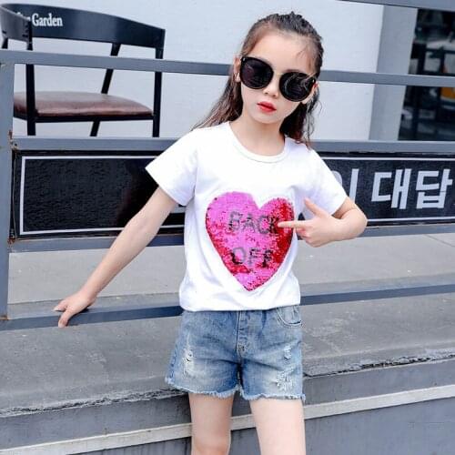 New Black White T Shirt Fashion Sequins Letter Dance Tops T-shirts 3-14 Years Teens Girl Kids Clothes
