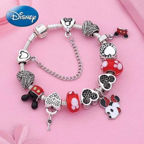Disney Cartoon Mickey Mouse New Pendant Bracelet Peach Heart Keychain Beaded Bracelet Jewelry