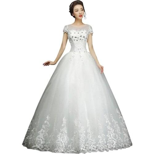 New Style O-Neck Short Sleeve White Crystal Decoration Lace MaterialBling Wedding Dress Custom Made C005