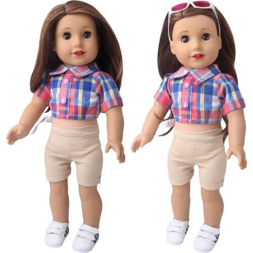 18 Inch American Doll Girls Clothes Blue Checked Casual Shorts Suit Born Baby Toys Accessories Fit 43 Cm Boy Dolls Gift D17