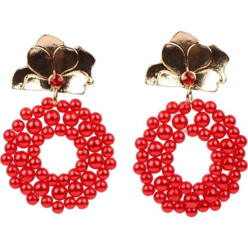 Gold Color Plated Metal Flower Glass Crystal Bead Dangle Earrings for Women Florate Brand Wholesale Statement Drop Pearl Jewelry