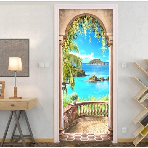 Roman Column Balcony Sea View 3D Door Sticker Wall Mural Papel De Parede Creative PVC Modern Living Room Bedroom Door Wallpaper
