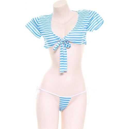 V Neck Lace Up Crop Tops Women Sleepwear Vintage Striped Micro Bikini Femme Outfits Japanese Sexy Schoolgirl Anime Lingerie Set
