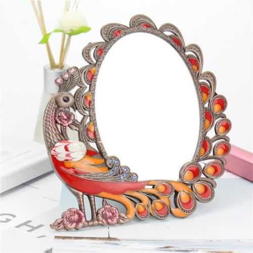 Standing Mirror for Bedroom Folding Desktop Makeup Mirror Retro Euporen 3D Peacock Pattern Princess Mirror with Storage Gift Box