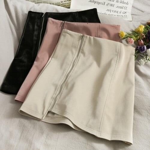 Irregular Zipper High Waist PU Leather Skirt Women 2020 New Casual Solid Color A-line Package Hip Short Skirts